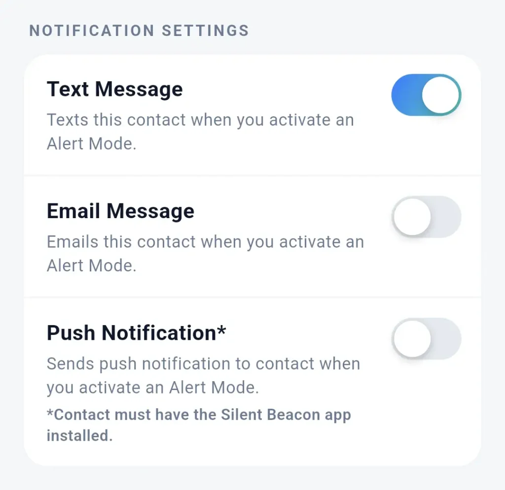Silent Beacon Safety App contact notification settings for text, email, and push notifications