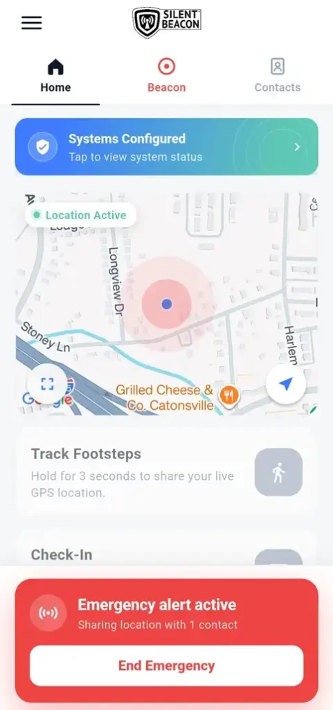 Silent Beacon Safety App showing an active emergency alert with GPS location sharing