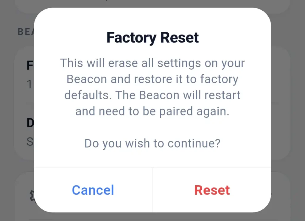 Silent Beacon Safety App factory reset confirmation popup for restoring the Beacon device to its default settings