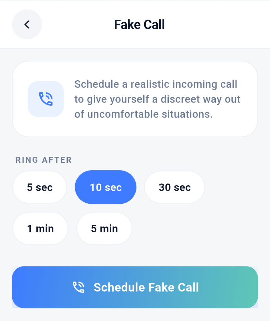Silent Beacon Safety App Fake Call screen for scheduling a realistic incoming call to exit an uncomfortable situation