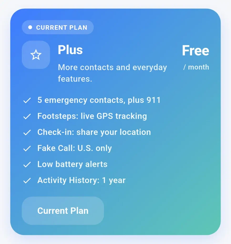 Silent Beacon Safety App free Plus plan with emergency contacts, GPS tracking, Check-In, and safety features