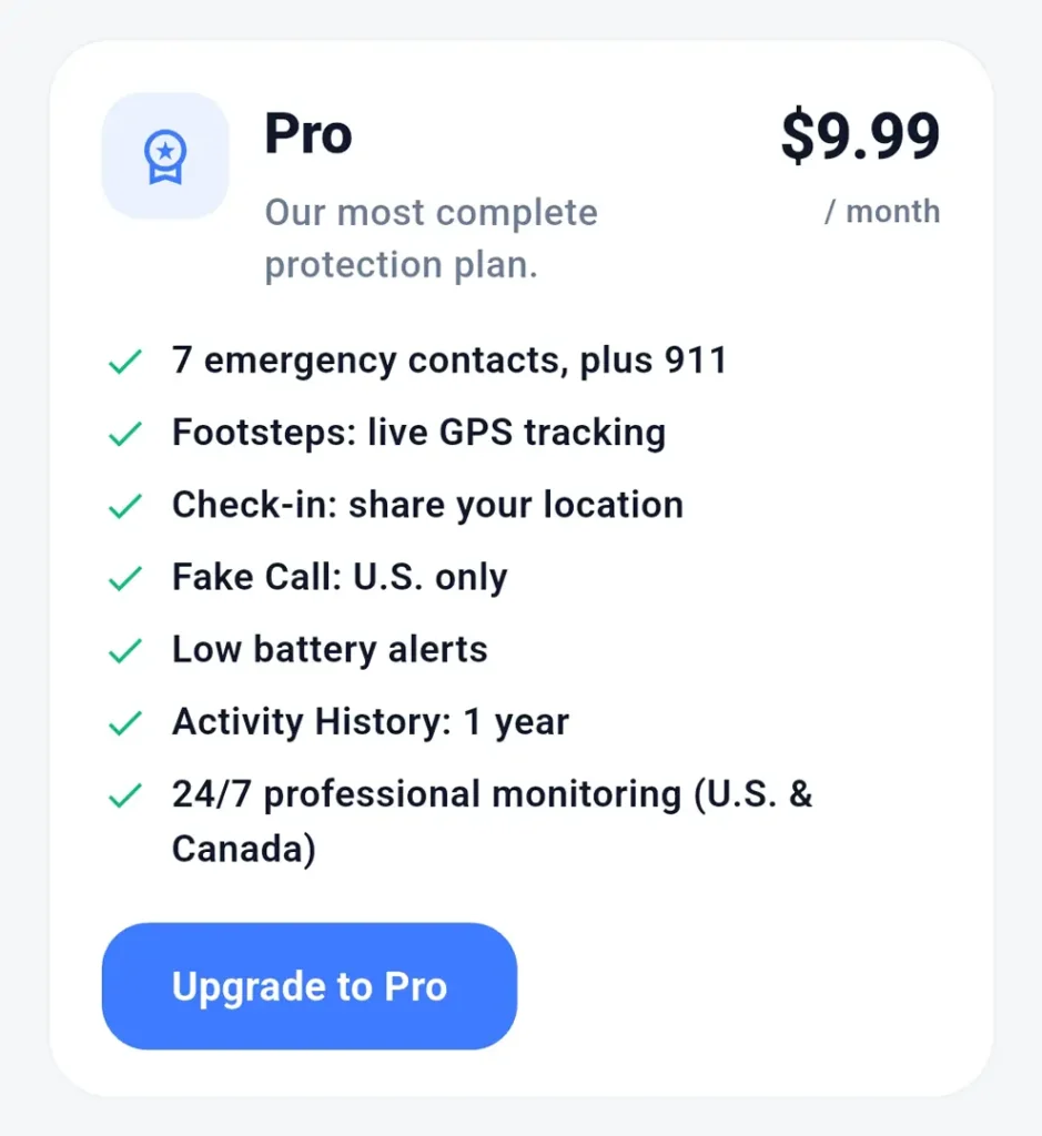 Silent Beacon Safety App Pro plan with 24/7 professional monitoring, GPS tracking, and emergency contacts