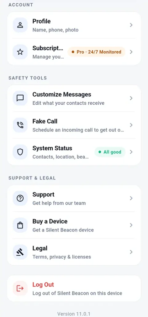 Silent Beacon Safety App settings menu with account, subscription, safety tools, support, and legal options