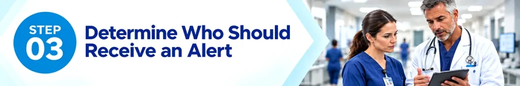 Healthcare safety banner showing Step 03: determine who should receive an emergency alert during a hospital workplace violence incident.