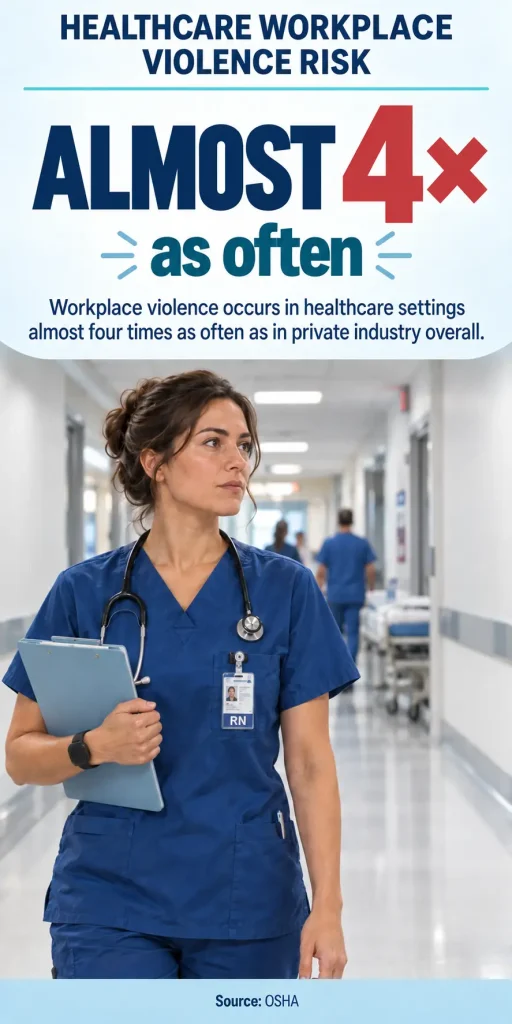 Healthcare workplace violence risk infographic showing that workplace violence occurs in healthcare settings almost four times as often as in private industry overall.