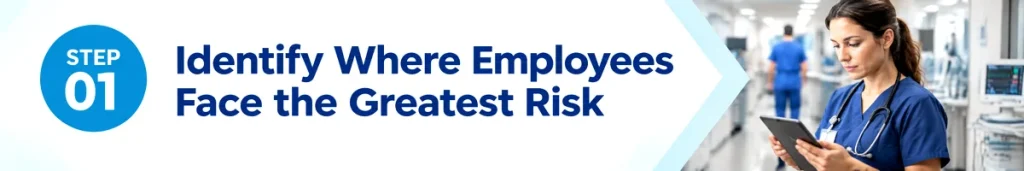 Healthcare workplace violence banner showing Step 01: identify where hospital employees face the greatest risk.
