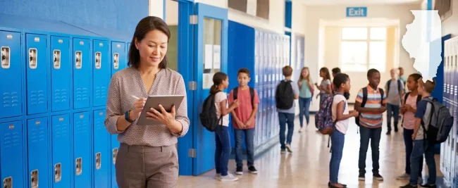 Asian teacher walking through an Illinois school hallway wearing a Silent Beacon wearable safety device on her wrist