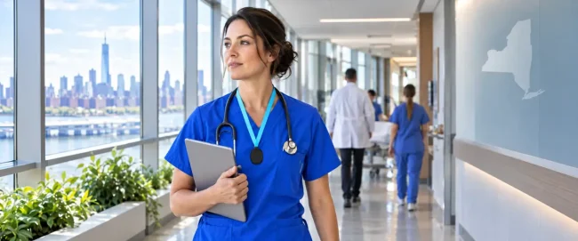 Healthcare worker in a hospital corridor holding a tablet, with a subtle New York state outline in the background.