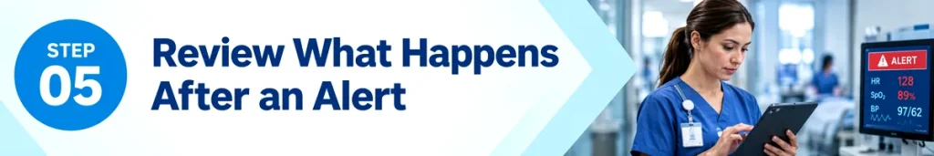 Healthcare safety banner showing Step 05: review what happens after an alert in a hospital workplace violence or emergency situation.