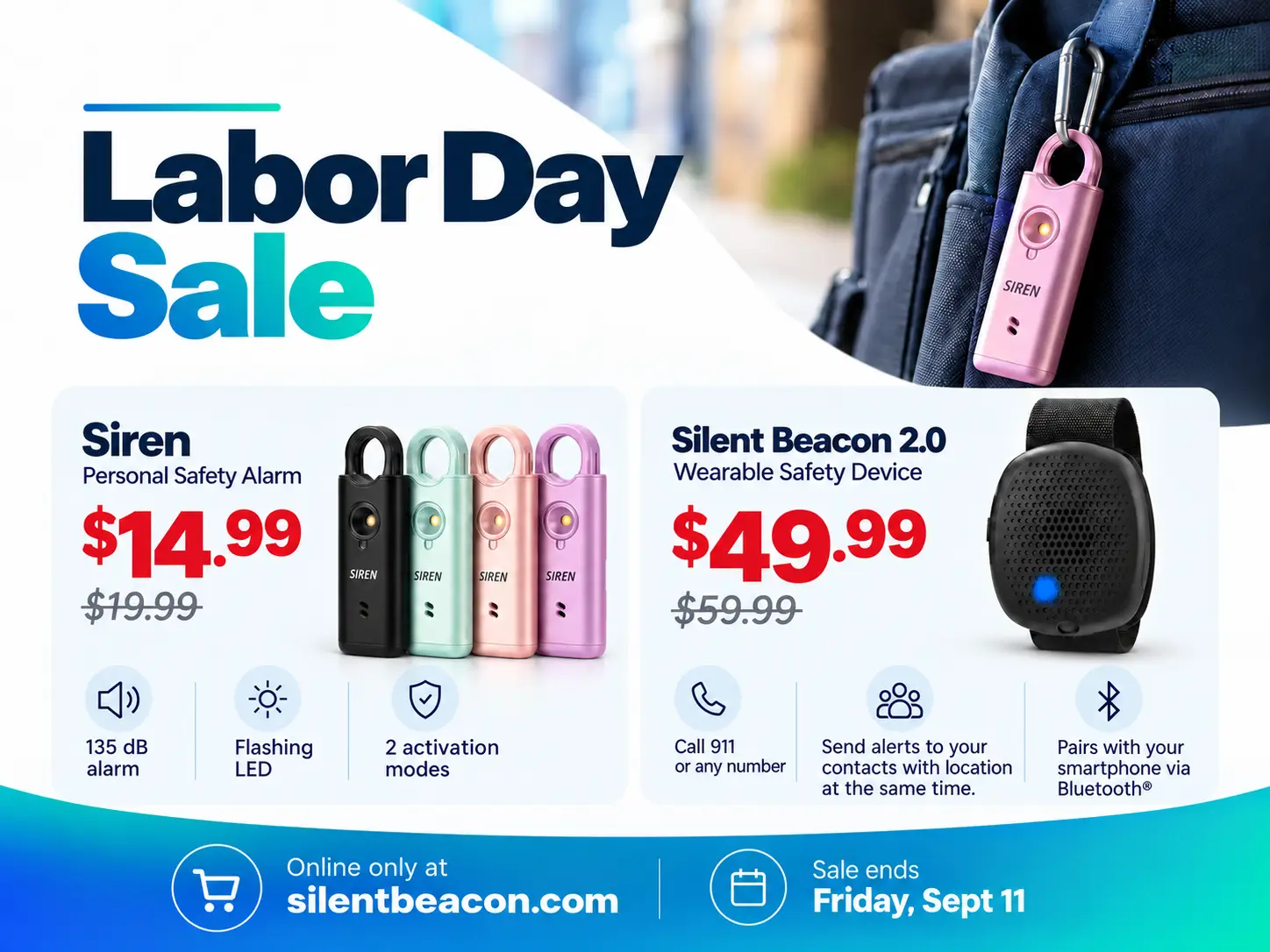 Silent Beacon Labor Day Sale featuring $5 off the Siren Personal Safety Alarm and $10 off the Silent Beacon 2.0 wearable safety device