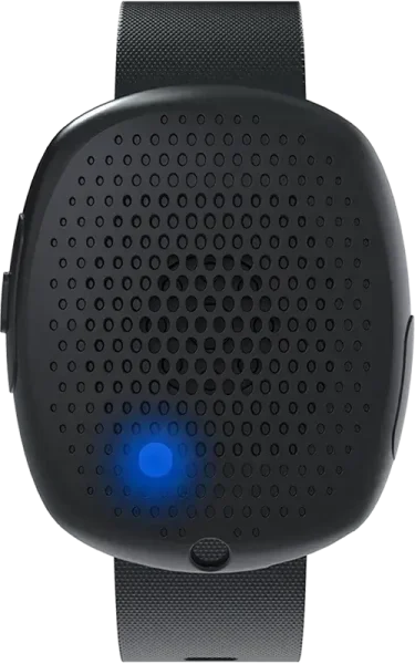 Silent Beacon panic button attached to a wristband with the blue status light illuminated.