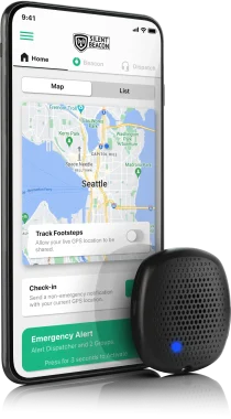Silent Beacon mobile safety app displayed on a smartphone alongside a wearable panic button with a blue LED status light.