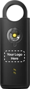 Black Silent Beacon Siren personal safety alarm showing the customizable area where a partner client’s logo can be printed.
