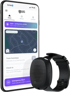 Customizable Silent Beacon safety app displayed on a smartphone beside an unbranded wearable panic button.