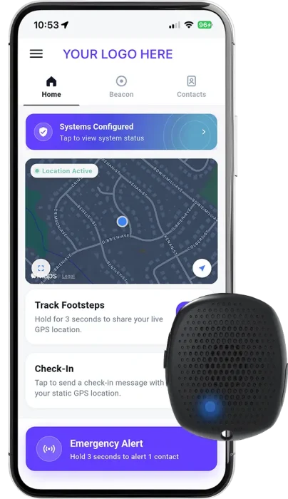 Customizable white-label safety app home screen shown with an unbranded Silent Beacon wearable panic button.