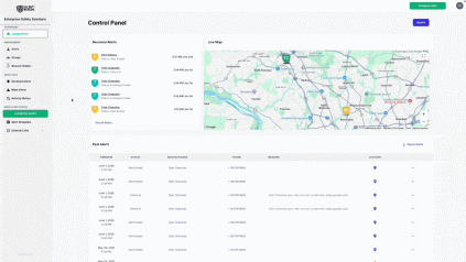 Mass Alert Portal dashboard displaying live alert monitoring, user locations on an interactive map, received alerts, activity history, and emergency communication management tools.