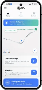 Silent Beacon Safety App home screen showing GPS location, Footsteps tracking, Check-In, and Emergency Alert features.