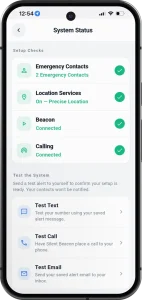 Silent Beacon Safety App System Status screen showing emergency contacts, location services, Beacon connection, calling status, and system testing tools
